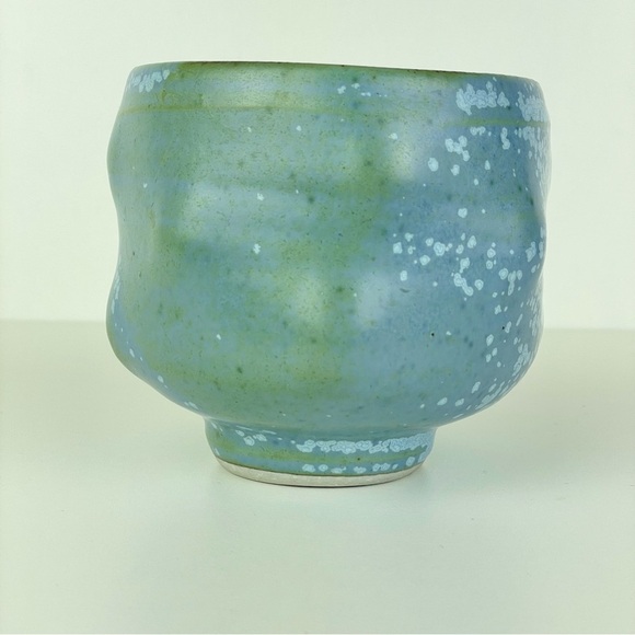 Organic Shape Freeform Pottery Cup Vase Artist Stamped H Blue Green Pedestal Bud - Picture 5 of 16